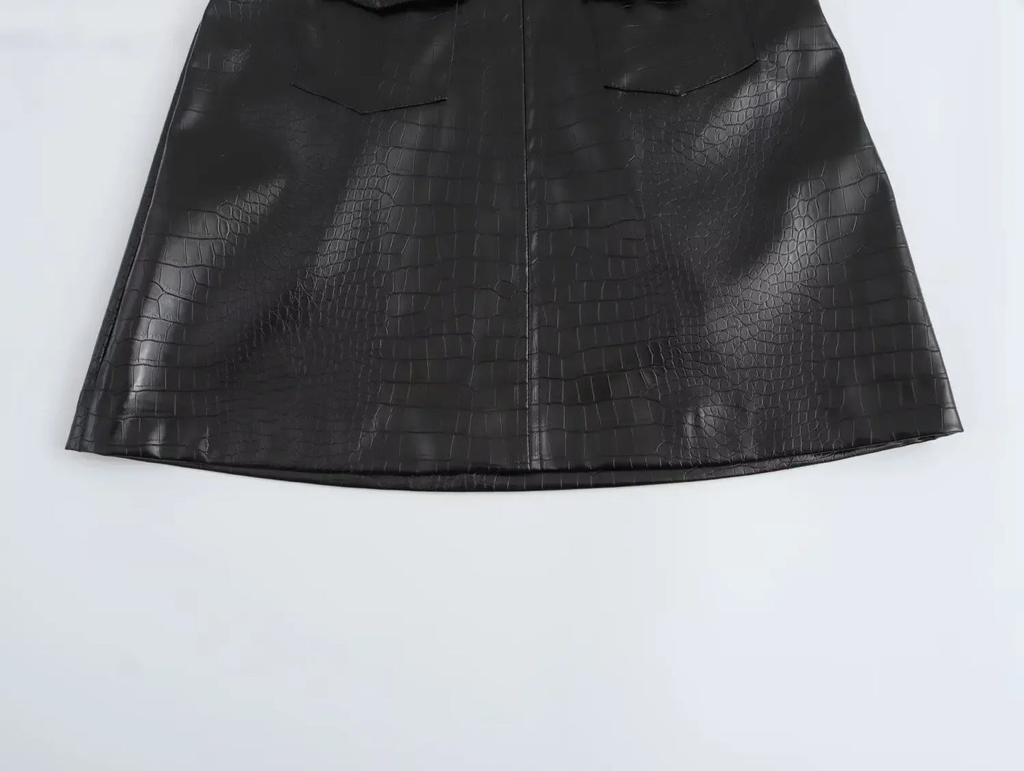 Women's new fashion flap pocket decoration slim A-line Faux Leather texture mini skirt retro high waist zipper women's skirt