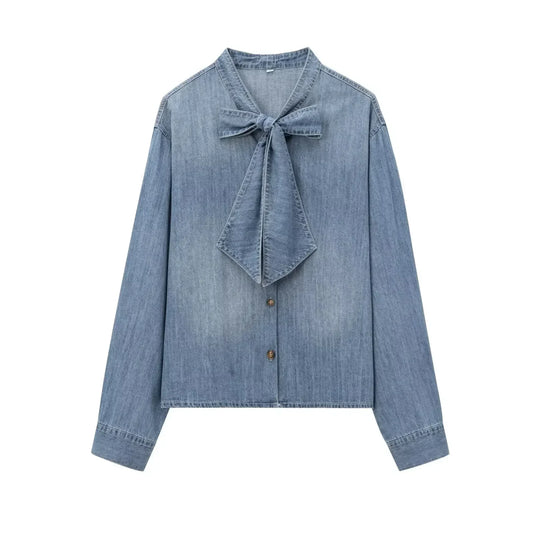 Women's new fashion bow tie decoration loose single breasted casual denim shirt retro long sleeved women's shirt chic top