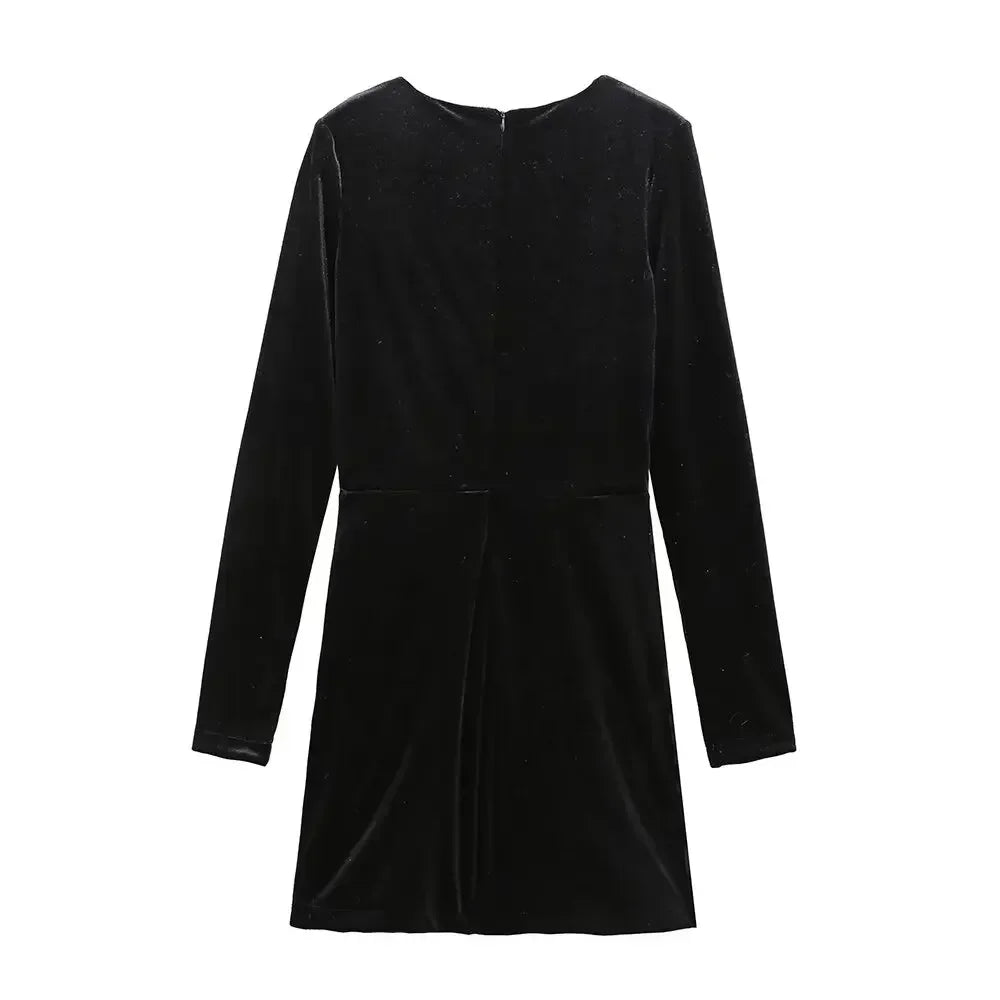 Women's 2024 new Chic fashion pleated decoration black slim V Neck velvet mini dress retro long sleeved women's dress Mujer