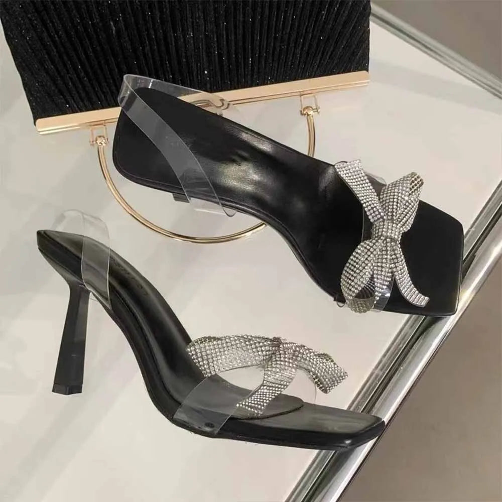 New 2024 Women's Shoes Fashion Temperament Bow Decorated With Rhinestone Temperament Square High-heeled Sandals.