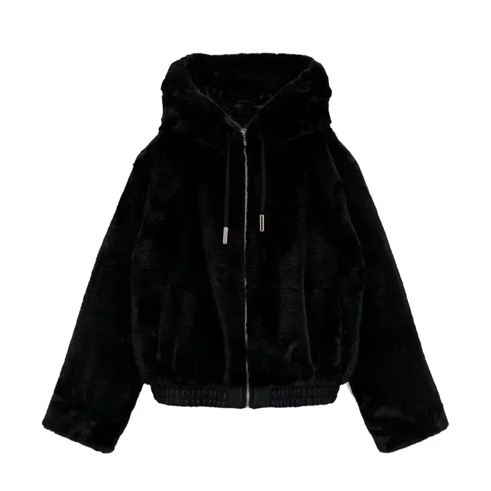 Women 2022 New Fashion Artificial Fur Hooded Jacket Coat Vintage Long Sleeve Zipper Female Outerwear Chic Overshirt