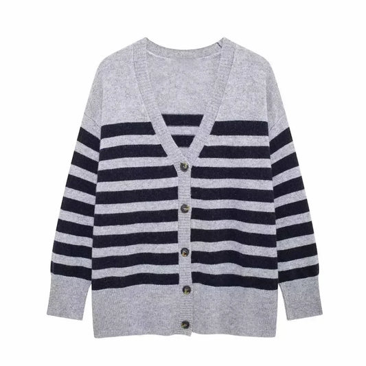 Women's 2024 New Fashion Loose Wool Blended V Neck Striped Knitted Coat Retro Long Sleeve Button up Women's Coat Chic Top