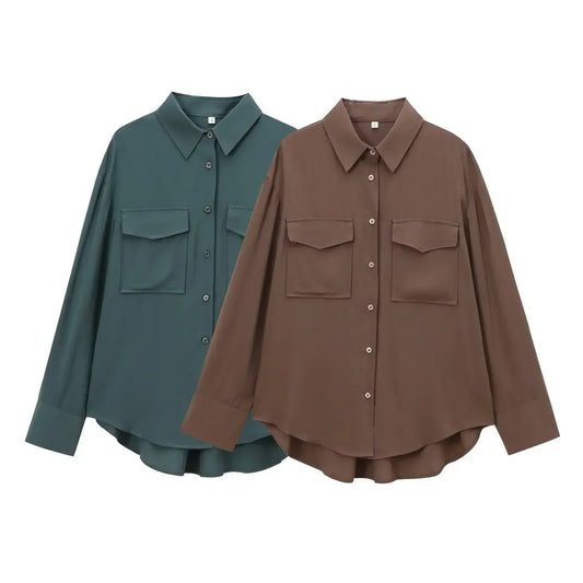 Women's new fashion flip pocket decoration loose asymmetric women's shirt retro long sleeved button up women's shirt chic top