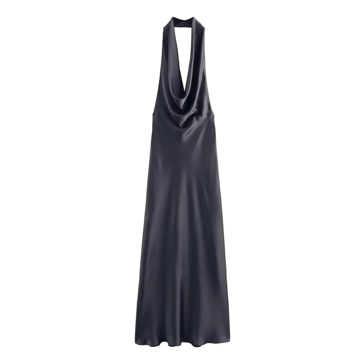 Women's new fashion pleated decoration slim satin texture hanging neck MIDI dress retro sleeveless backless women's dress Mujer 