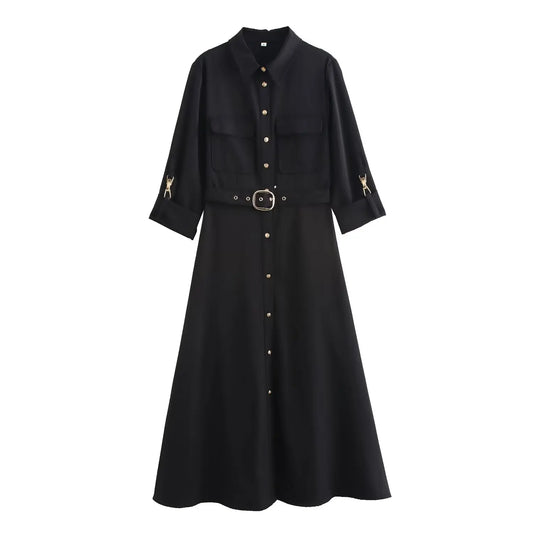 Women's new Fashion belt decoration black casual single breasted shirt style MIDI dress retro long sleeved pocket women's dress