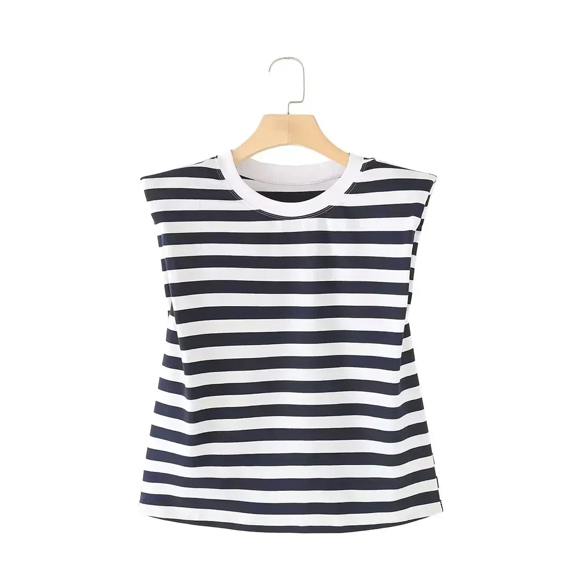 Women's New Fashion Shoulder Cushion Design Loose O Neck Casual Stripe T-shirt Top Retro Sleeveless Women's T-shirt