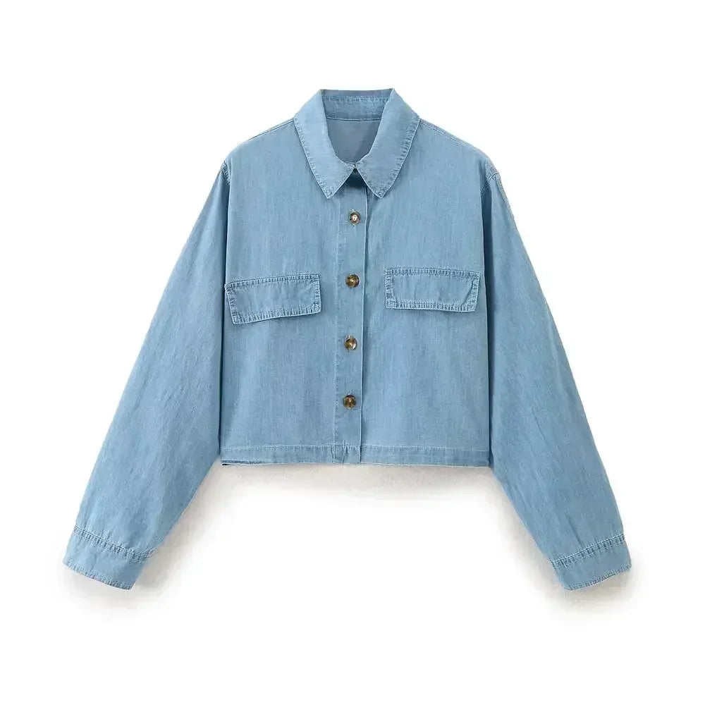 Women's new fashion flip decoration casual short Lapel denim shirt retro long sleeved button up women's shirt chic top 