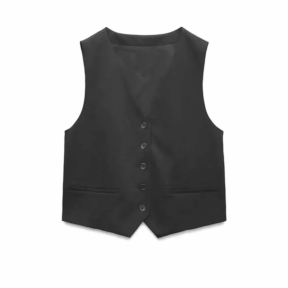 Women's new fashion pocket decoration casual single breasted short V Neck vest retro sleeveless women's vest +Pants Women's suit