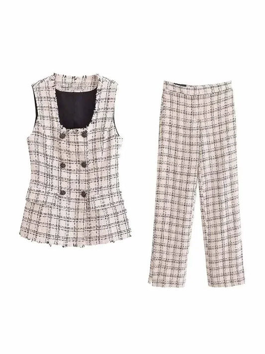 Women's new fashion flap decoration slim double breasted checkered vest coat retro square neck sleeveless women's vest chic top