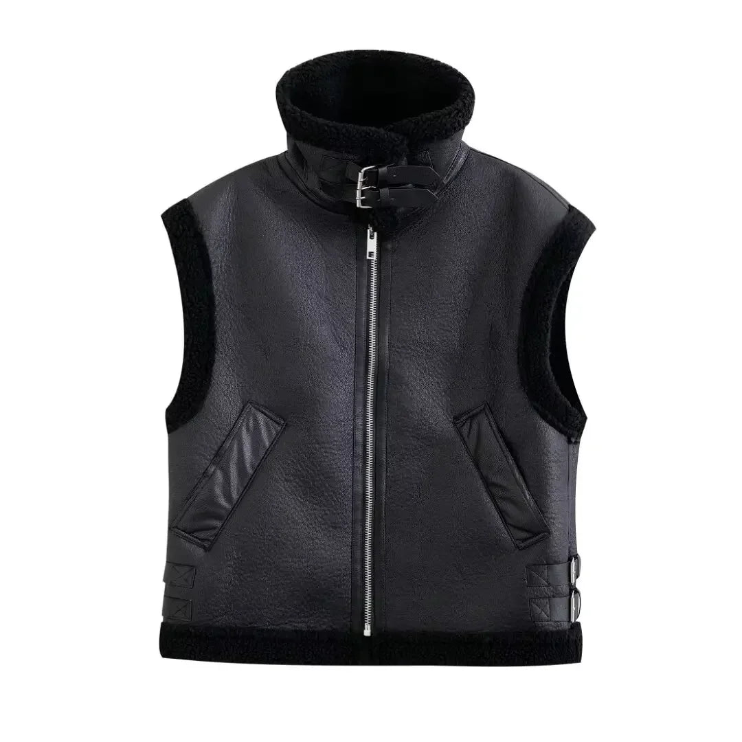 Women's new fashion side pocket decoration casual stand Neck Fur Faux Leather vest retro sleeveless zipper women's vest chic top