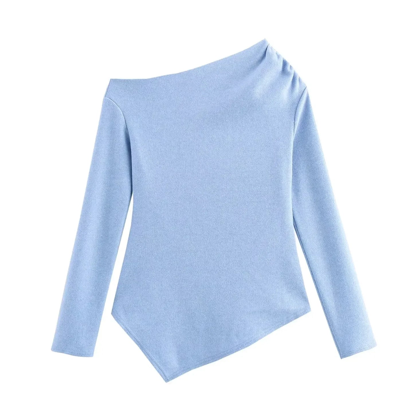 Women's new fashion pleated decoration slim soft texture asymmetric knitted top retro long sleeved women's pullover chic top