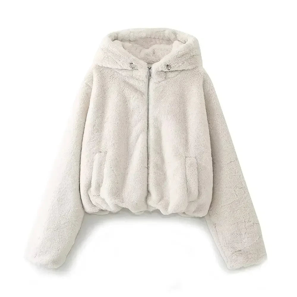 Women's winter fashion faux fur effect short thick warm hooded jacket Coat retro long sleeved side pocket women's Coat chic top