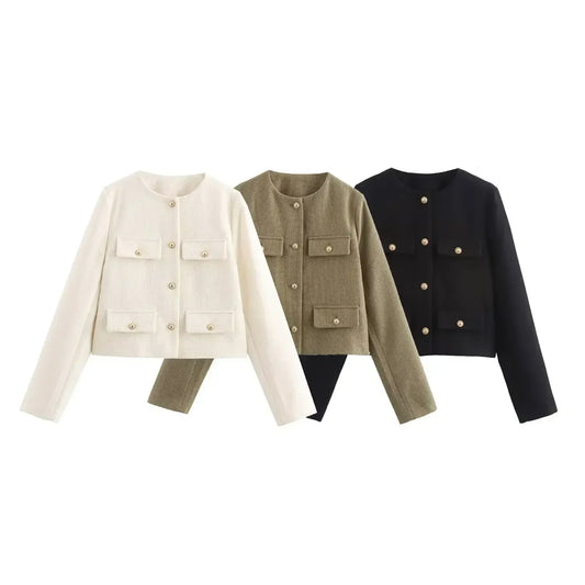 Women's new Fashion gold button flip decoration casual short O-Neck suit jacket coat retro long sleeved women's Coat chic top