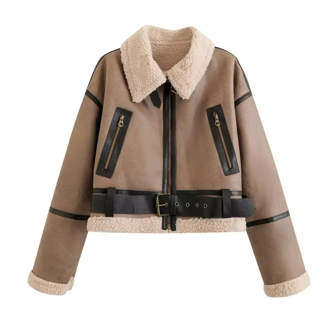 Women's new Fashion With belt casual short Fur Faux Leather jacket coat retro long sleeved zipper pocket women's coat chic top