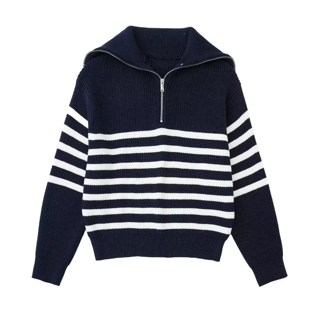 Women's New Fashion Zipper Decoration Casual Wool Blended Striped Knitted Sweater Retro Long Sleeve Women's Pullovers Chic Top