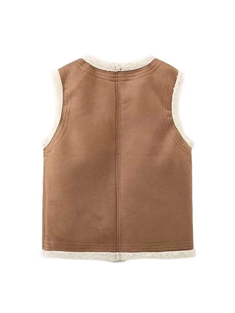 Women's new fashion pocket decoration casual O-Neck Faux Leather lambhair vest retro sleeveless button up women's vest chic top