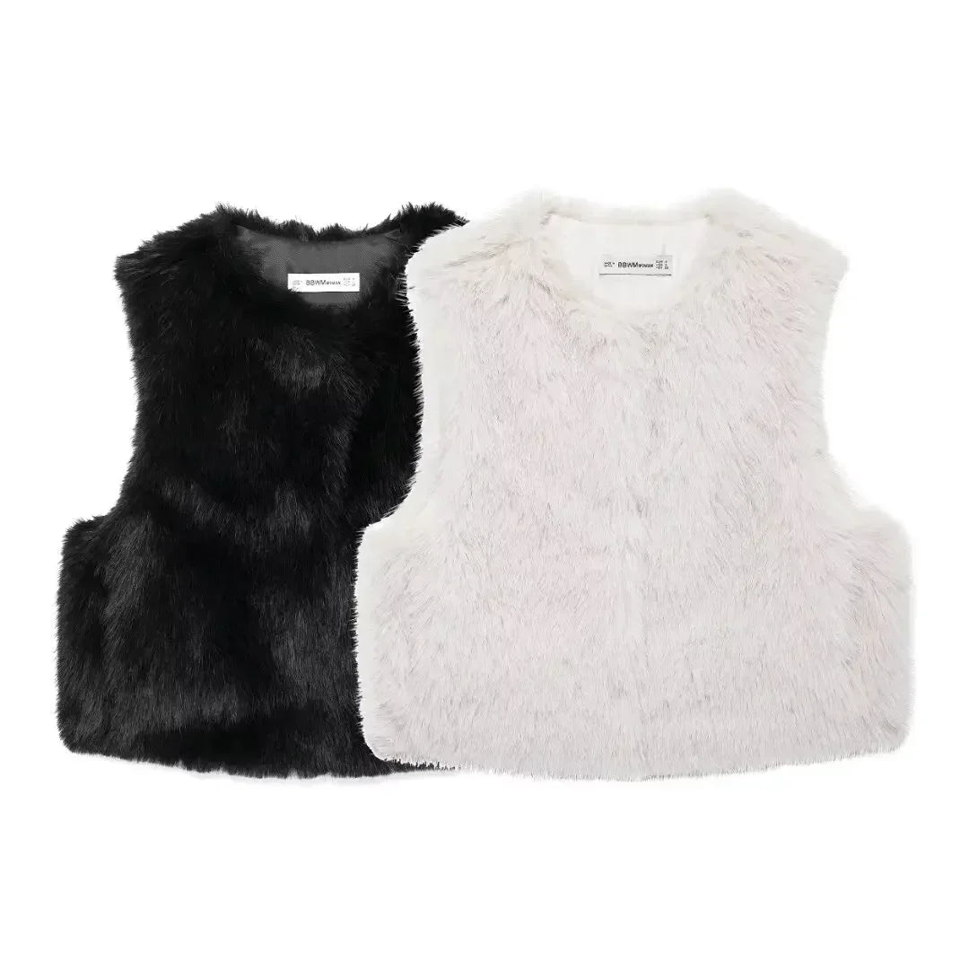 Women's new fashion faux fur effect casual short side pocket O-Neck vest retro sleeveless button up women's vest chic top 