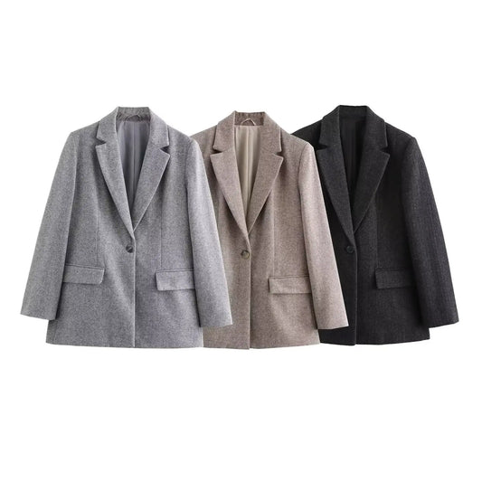 Women's New Fashion Flip Decoration Casual Single breasted Twill Woolen Blazer Coat Vintage Long sleeved Women's Coat Chic Top