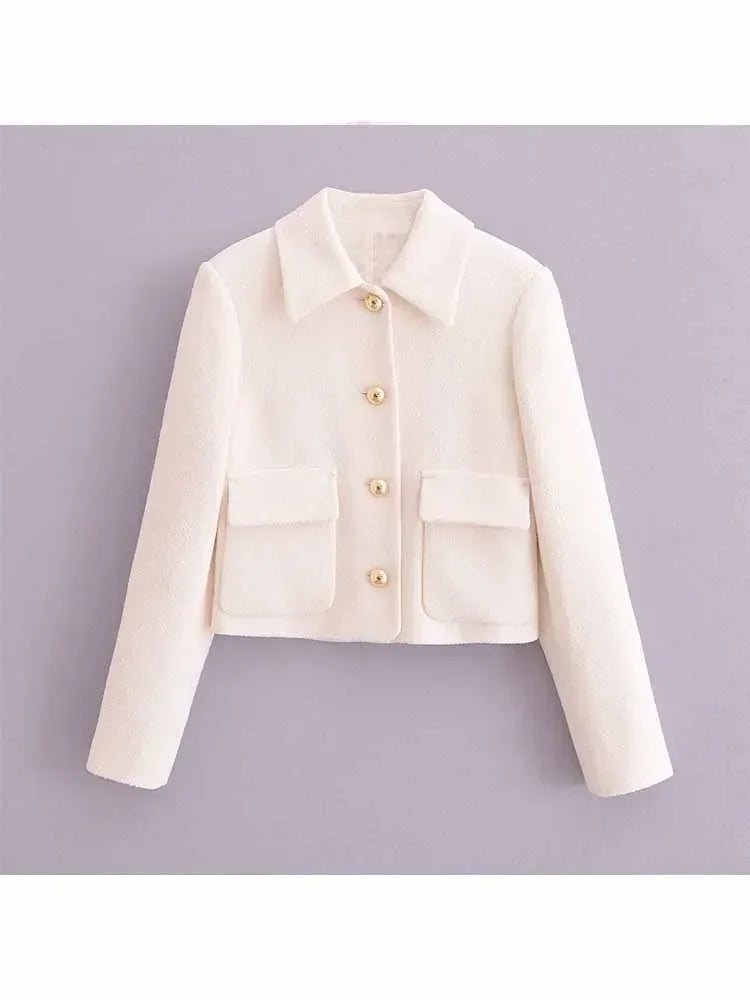 Women's new fashion gold button decoration casual short lapel jacket coat retro long sleeved pocket women's coat chic top