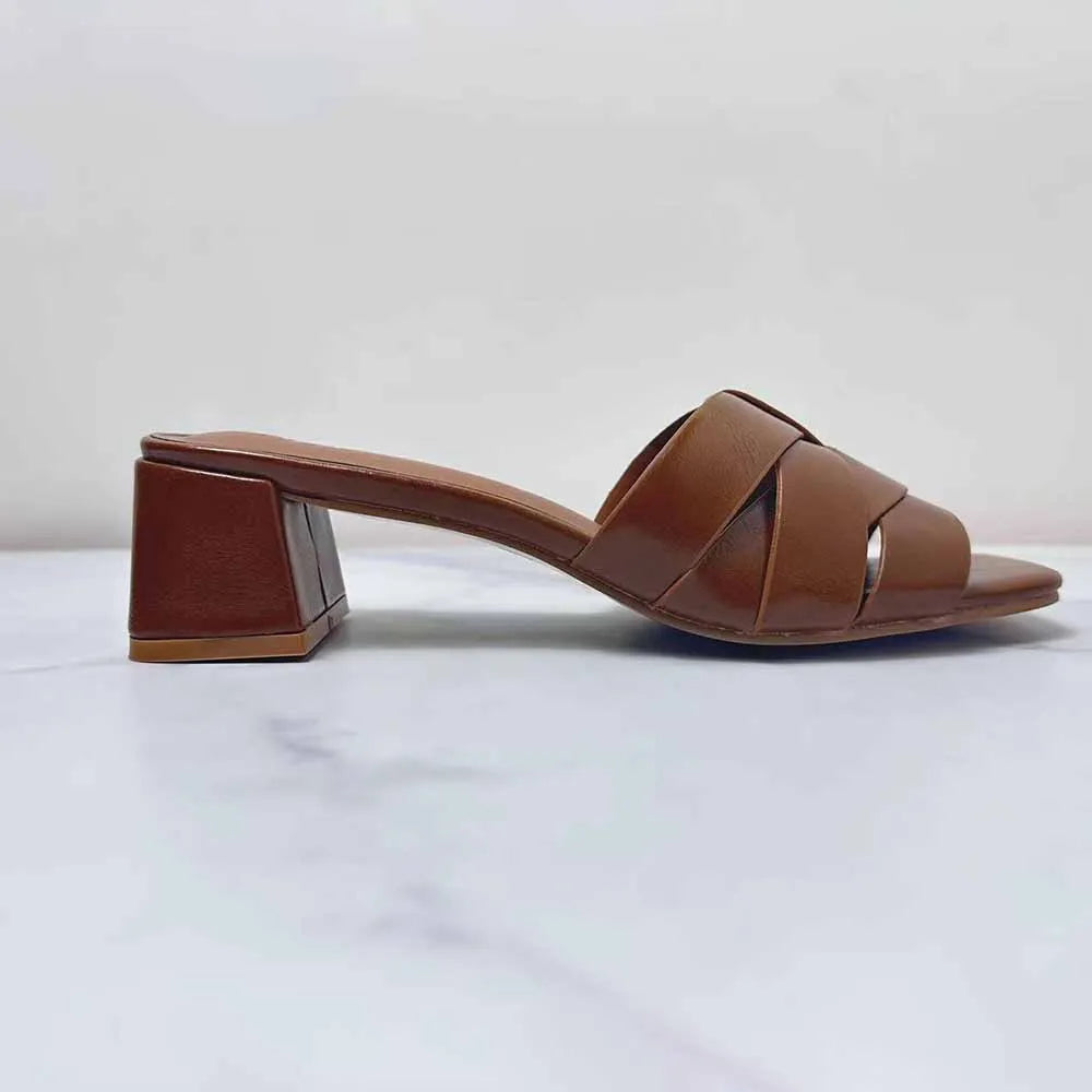 New 2024 Women's Shoes Fashion Brown Leather Cross Uppers With Thick Sandals Sexy High Heels.