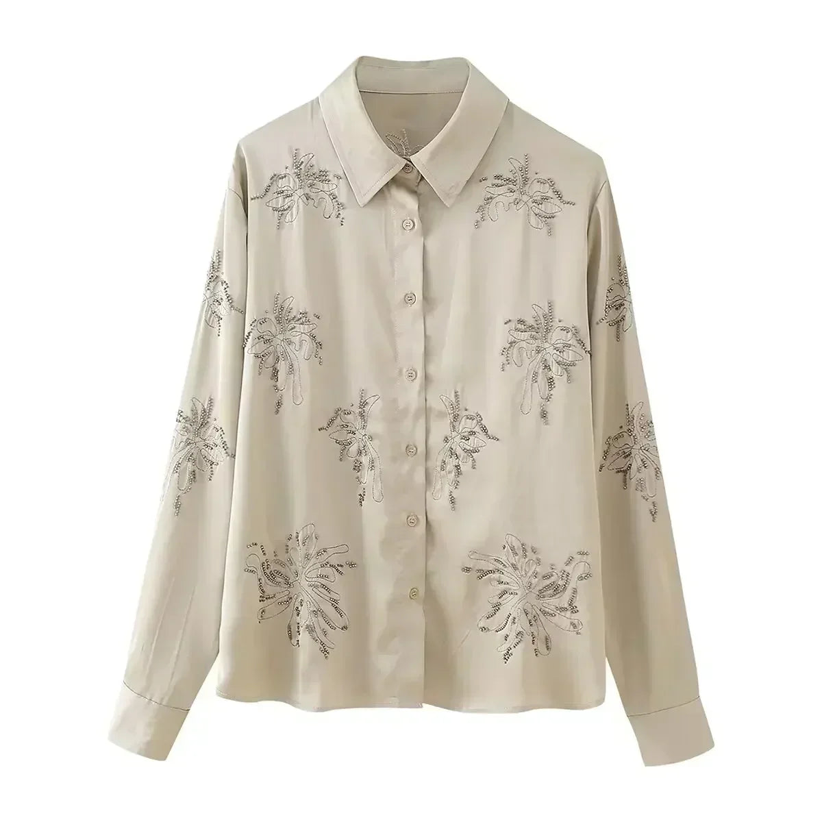 Women's new fashion beaded decoration casual lapel embroidered women's shirt retro long sleeved Button up women's shirt