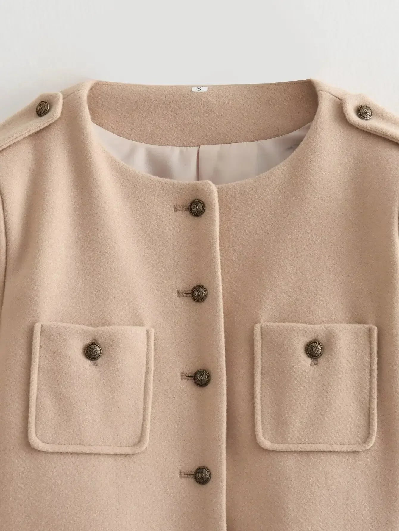 Women's new Fashion pocket decoration casual soft texture O-Neck jacket Coat retro long sleeved button-up women's Coat chic top