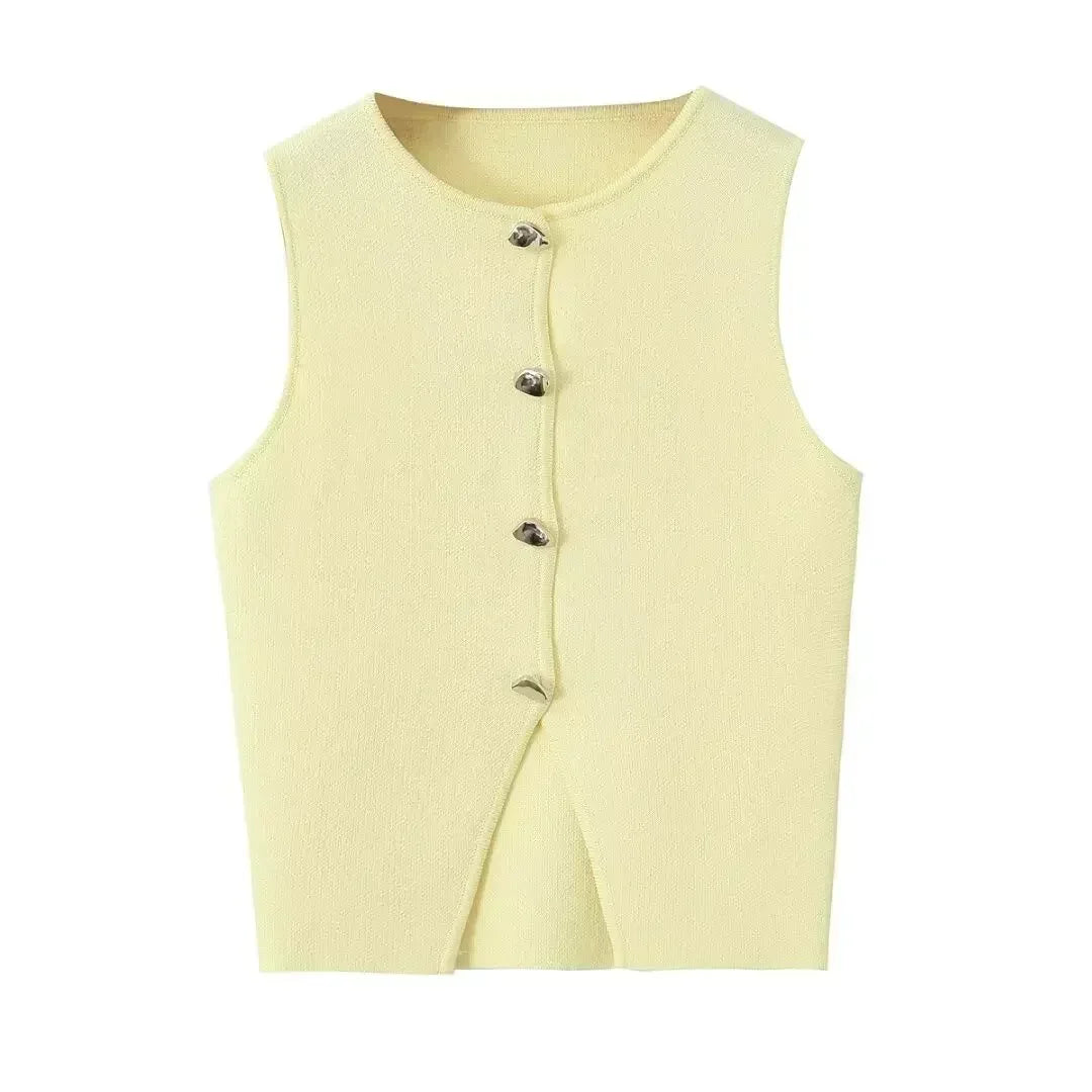 Women's 2024 new fashion multi-color elastic slim fit single breasted short knitted vest retro sleeveless women's vest chic top