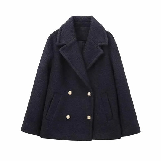 Women's new fashion loose double breasted casual lapel woolen jacket  Coat retro long sleeved side pocket women's Coat chic top