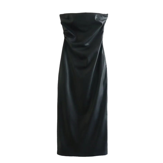 Women's new fashion pleated decoration black slim faux leather strapless MIDI dress retro sleeveless backless women's dress