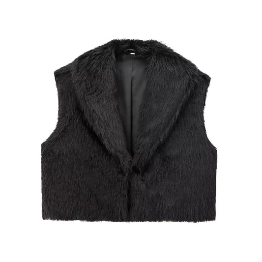 Women's winter fashion faux fur effect Loose Short warm Lapel fleece vest retro sleeveless button up women's vest chic top