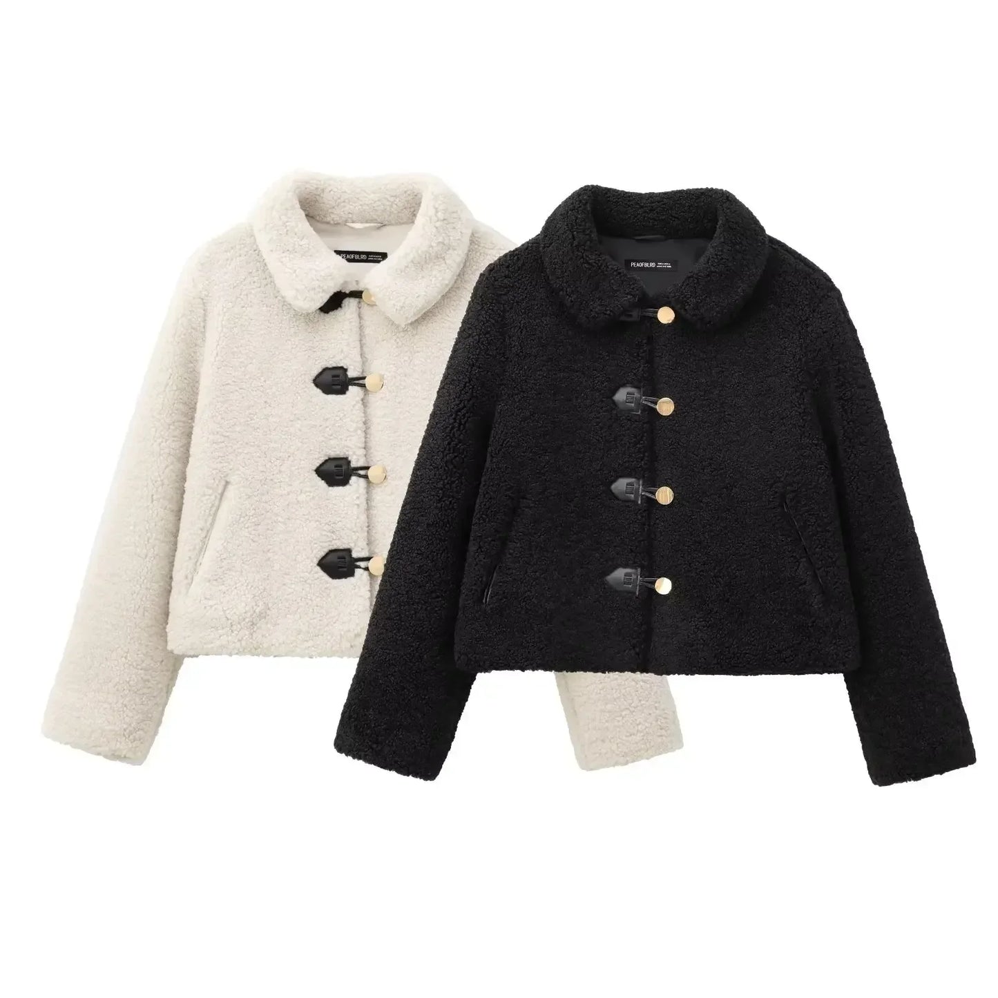 Women's new fashion warm short single breasted lapel fleece jacket coat retro long sleeved side pocket women's coat chic top