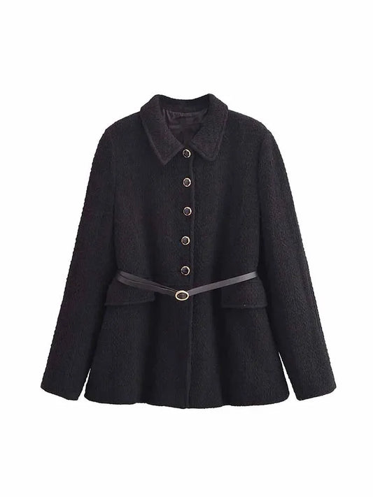 Women's new Fashion With Belt flip decoration casual texture jacket Coat retro long sleeved button up women's Coat chic top