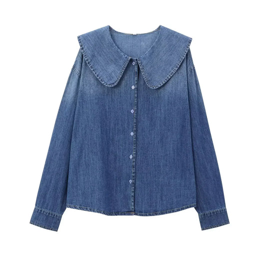 Women's 2024 new fashion small round lapel loose single breasted casual denim shirt retro long sleeved women's shirt chic top