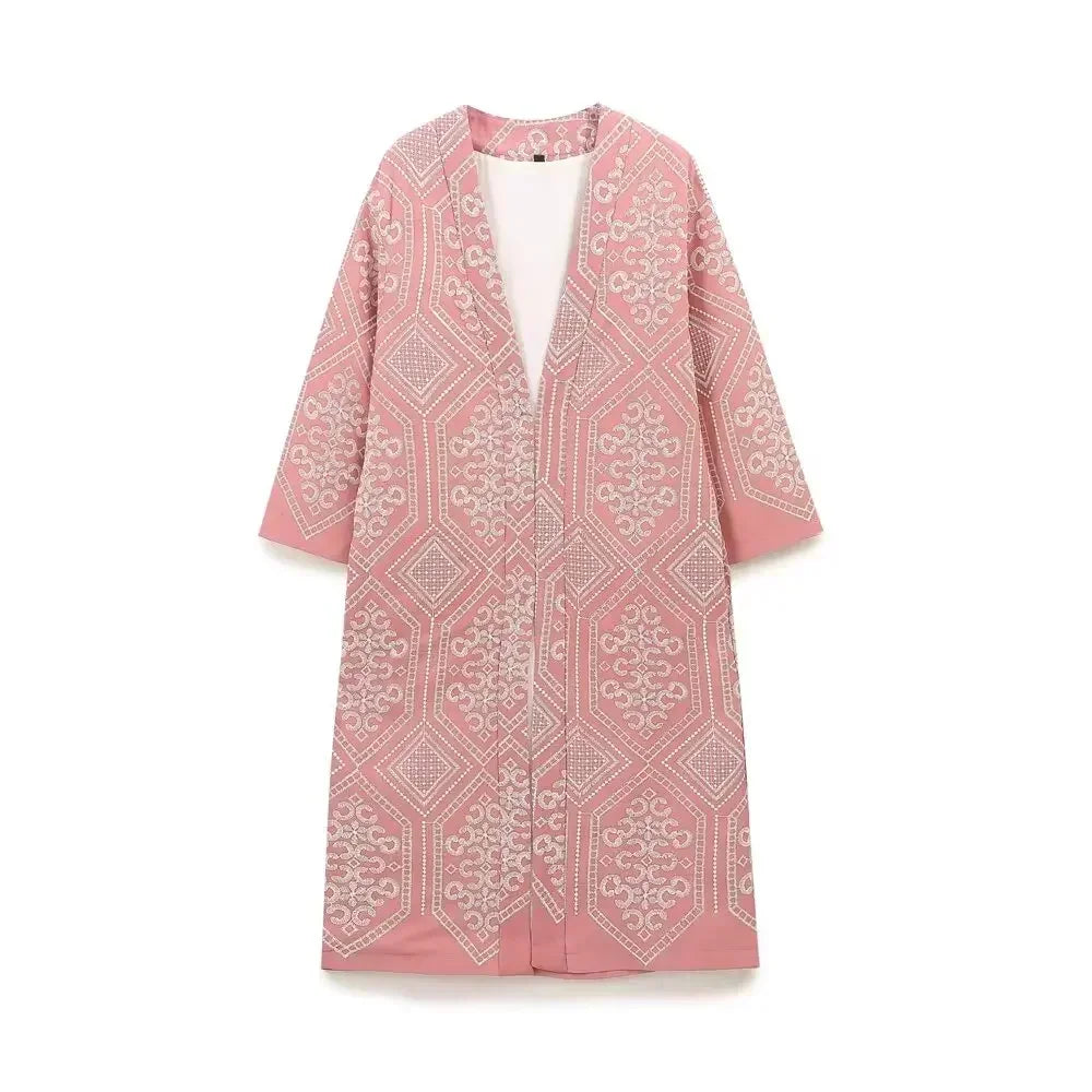 Women's New Fashion Embroidery Decoration Loose Vacation Style Kimono Style Open Coat Retro Long Sleeve Women's Coat Chic Top 