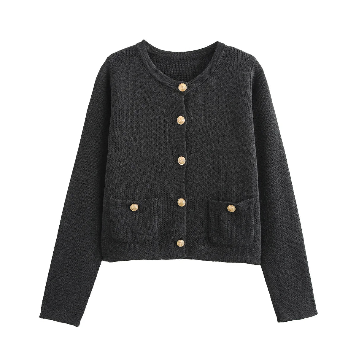 Women's new Fashion gold buckle decoration slim short O-Neck knitted coat retro long sleeved pocket women's coat chic top