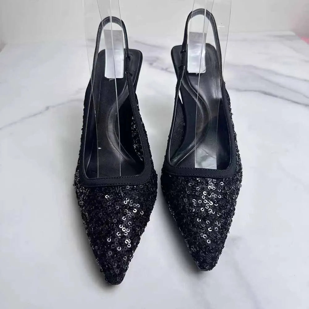 New 2024 Women's Shoes Fashion Temperament Black Beaded Dew With High Heels Pointed Fashion Joker Sandals.