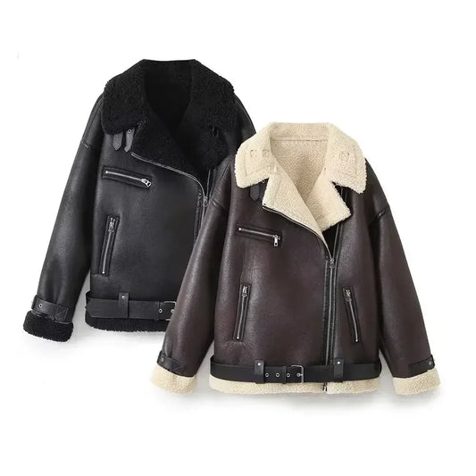 Women's New Fashion Zipper Pocket Decoration Loose Double sided Fur Faux Leather Jacket Retro Long Sleeve Women's Coat Chic Top