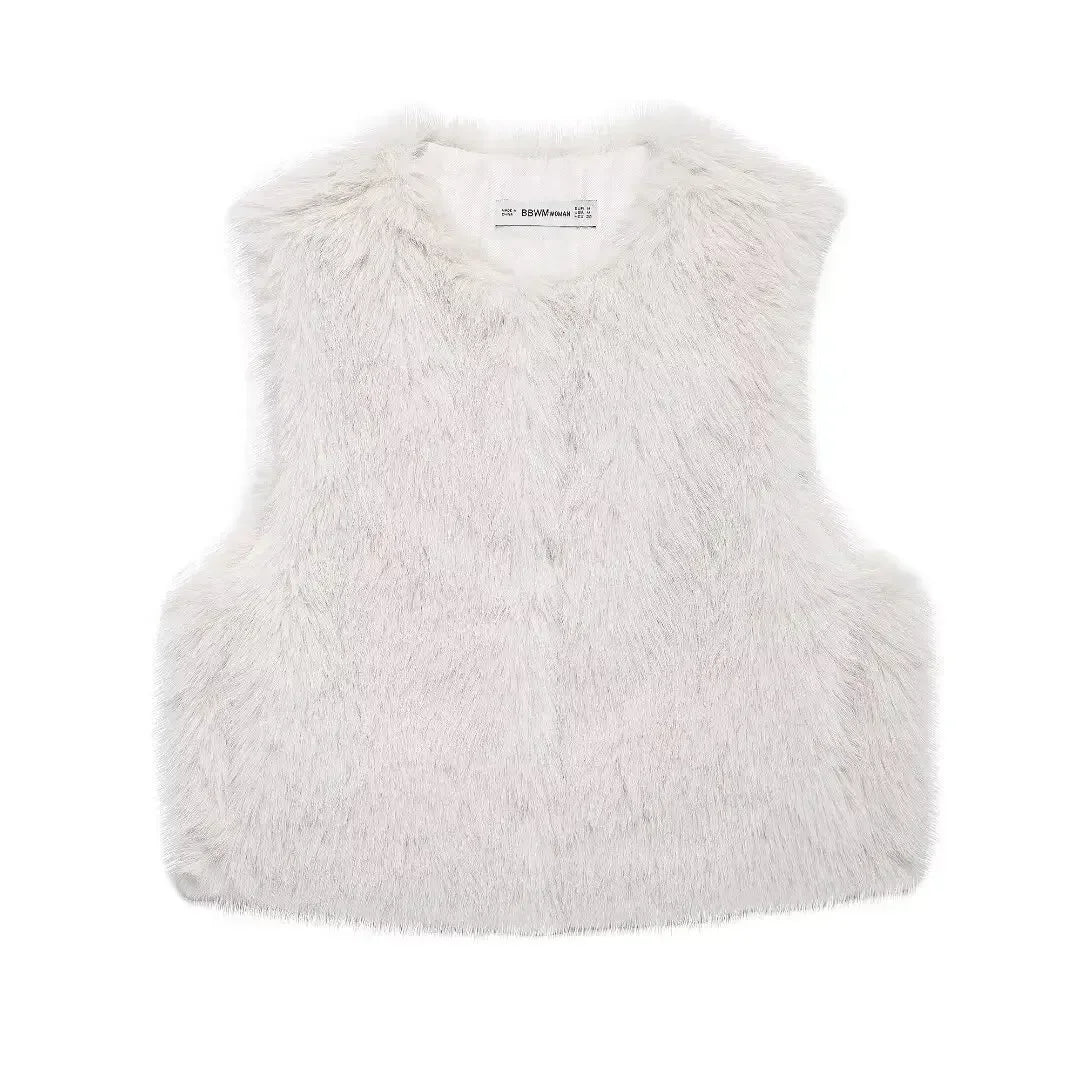 Women's new fashion faux fur effect casual short side pocket O-Neck vest retro sleeveless button up women's vest chic top 