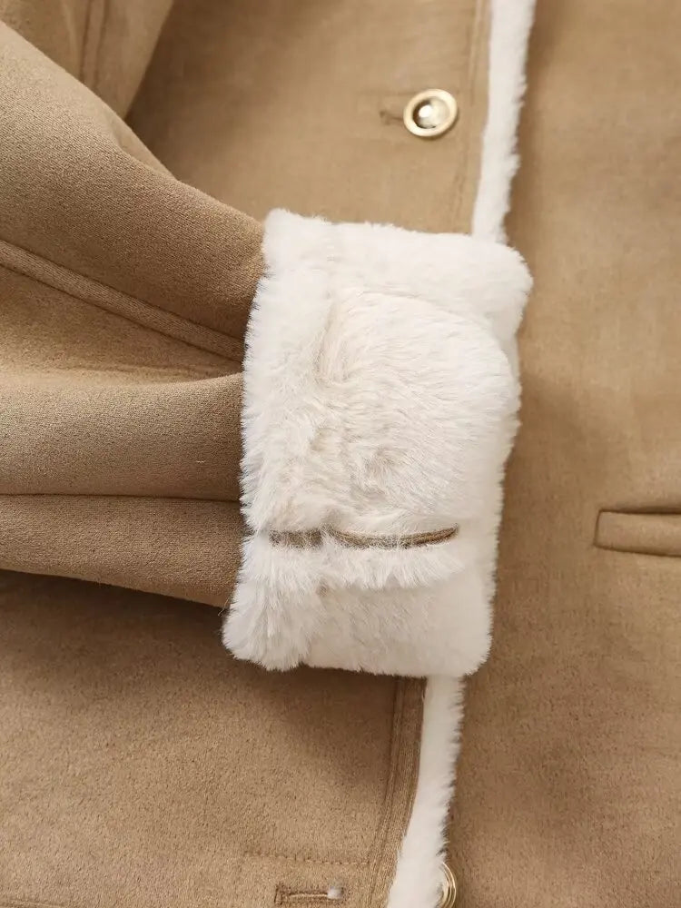 Women's new Fashion gold button decoration short double-sided Fur Faux Leather jacket retro long sleeved women's Coat chic top