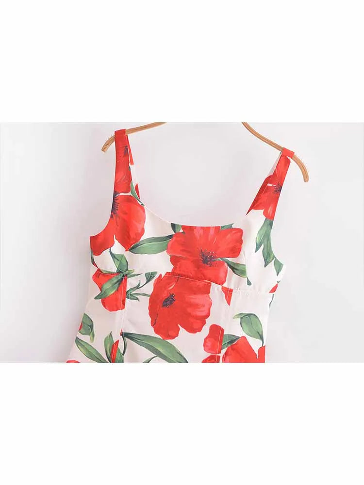 Women's new fashion floral print decoration sexy slim Backless MIDI dress retro sleeveless wide shoulder strap women's dress