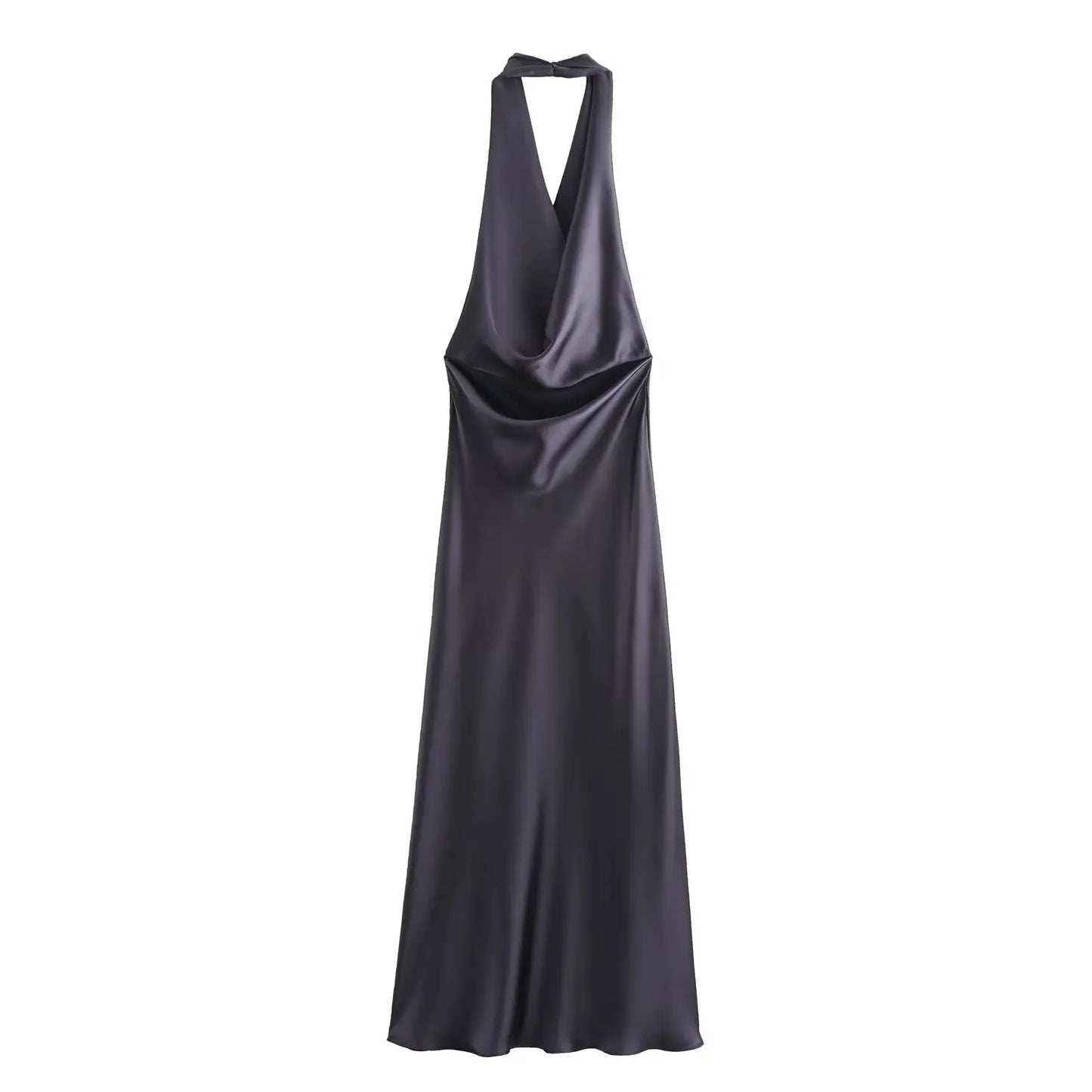 Women's new Chic fashion pleated decoration slim satin texture hanging neck MIDI dress retro sleeveless backless women's dress 