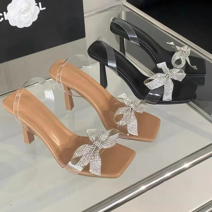 New 2024 Women's Shoes Fashion Temperament Bow Decorated With Rhinestone Temperament Square High-heeled Sandals.