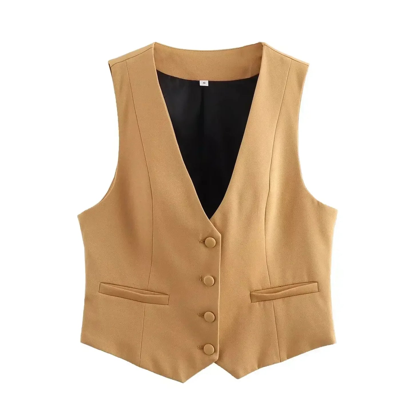 Women's new fashion pocket decoration casual short V Neck vest coat retro button up women's vest chic top+Pants suit