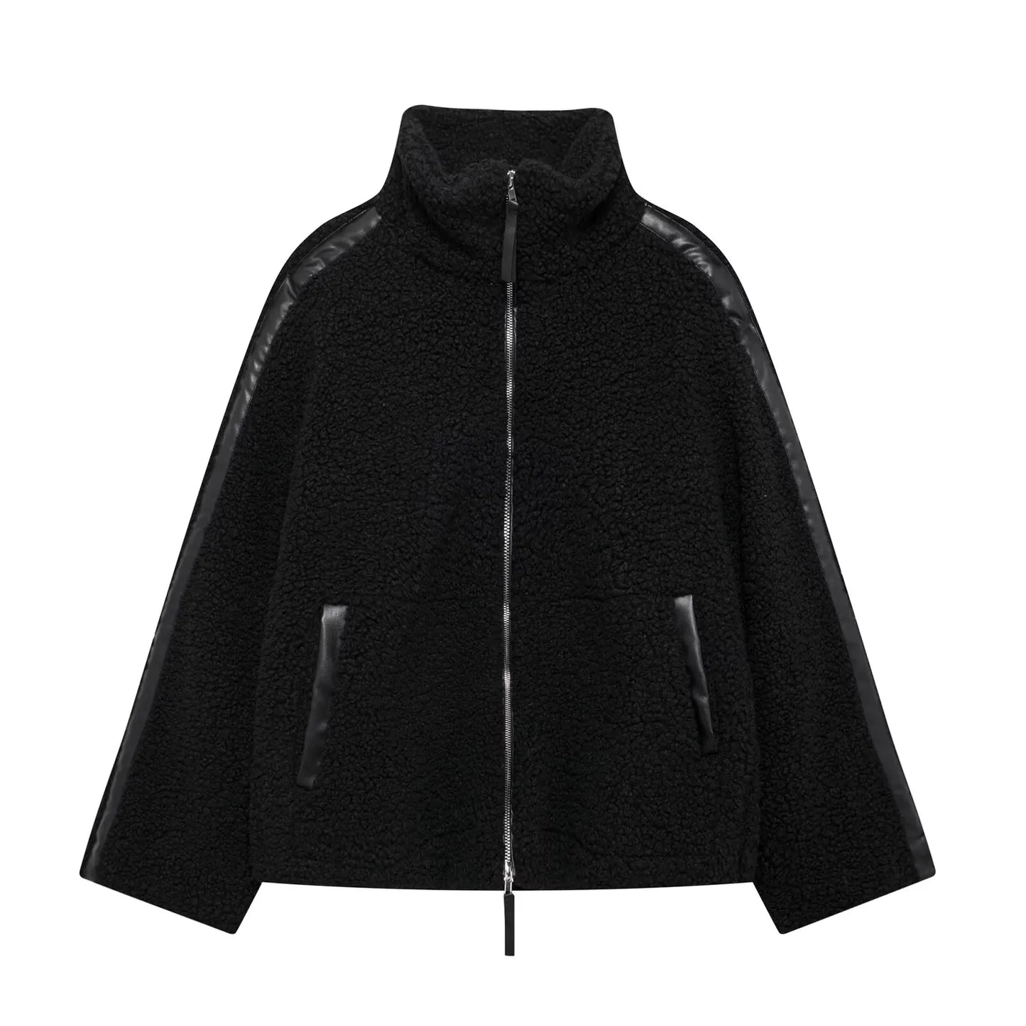 Women's winter fashion loose side pockets warm stand Neck patchwork fleece coat retro long sleeved zipper women's coat chic top