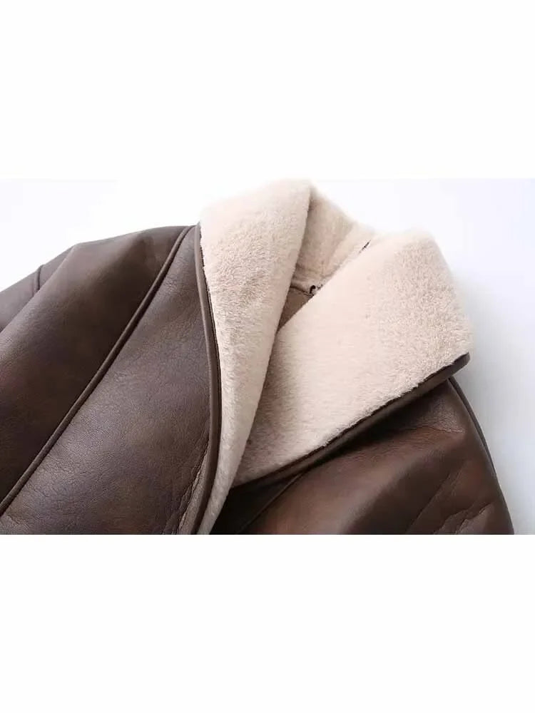 Women's new Fashion belt decoration casual double breasted warm Fur Faux Leather jacket retro long sleeved women's Coat Chic top