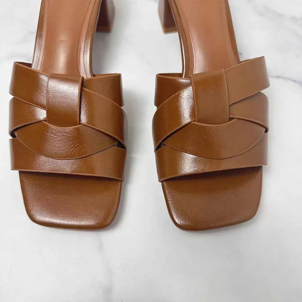 New 2024 Women's Shoes Fashion Brown Leather Cross Uppers With Thick Sandals Sexy High Heels.