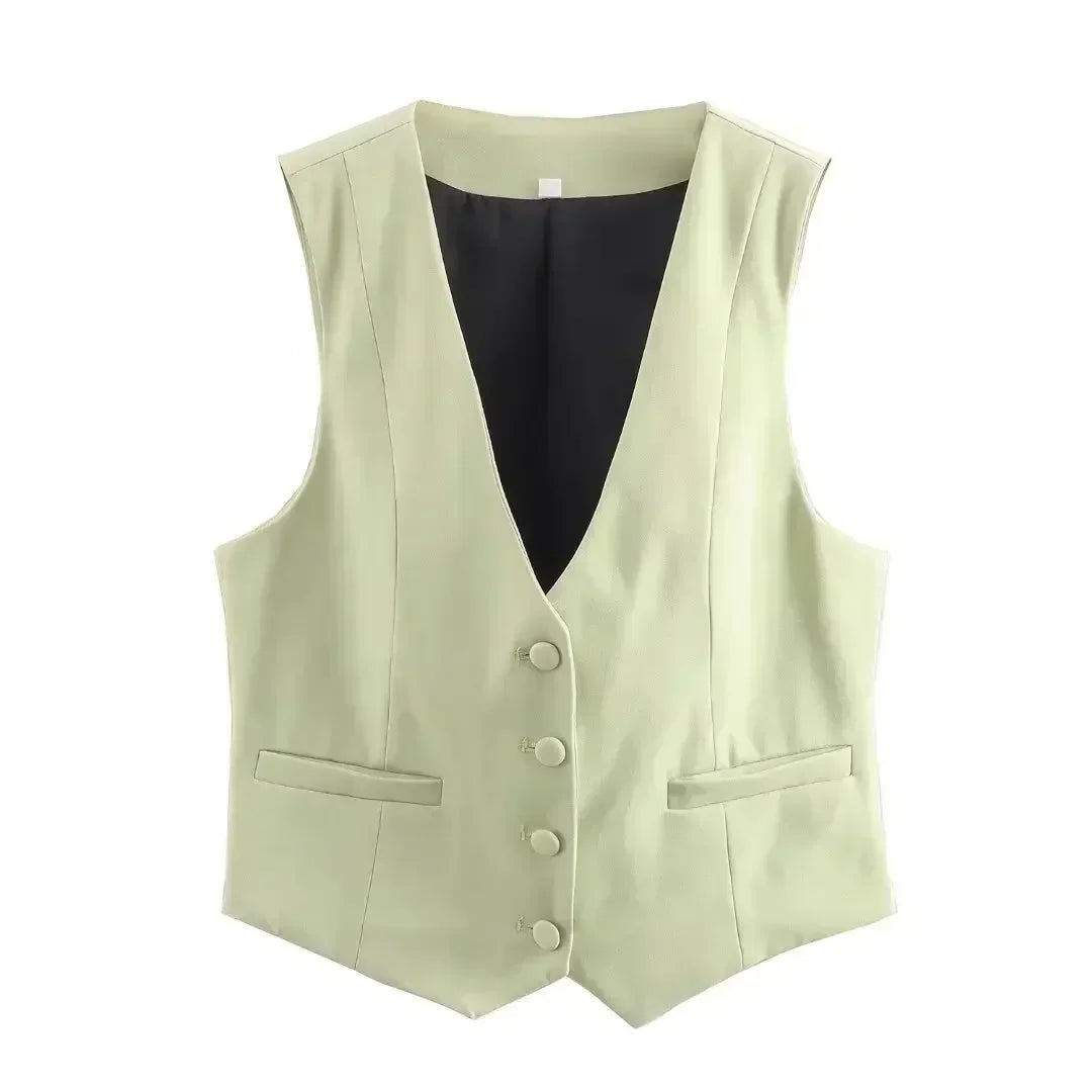 Women's new fashion pocket decoration casual short V Neck vest coat retro button up women's vest chic top+Pants suit