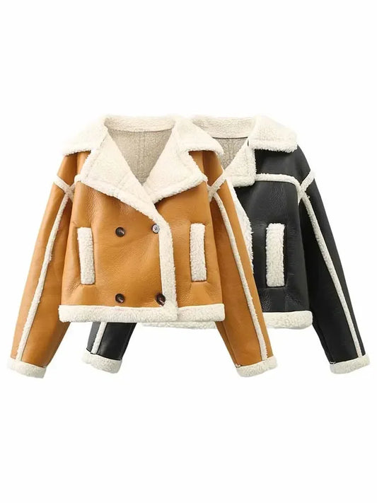 Women's new fashion Lapel short double breasted Fur Faux Leather jacket coat retro long sleeved pocket women's coat chic top