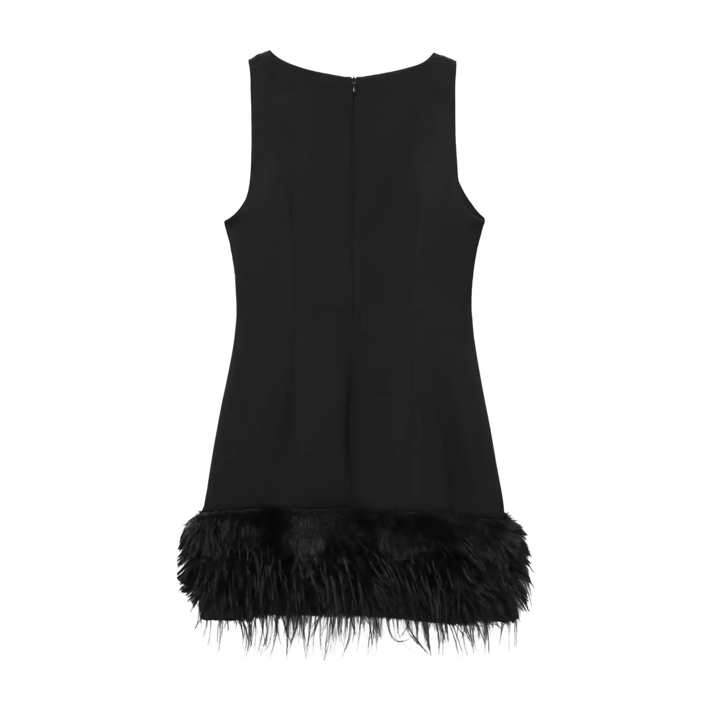 Women's new fashion feather decoration slim versatile O-Neck mini dress retro sleeveless back zipper women's dress Mujer