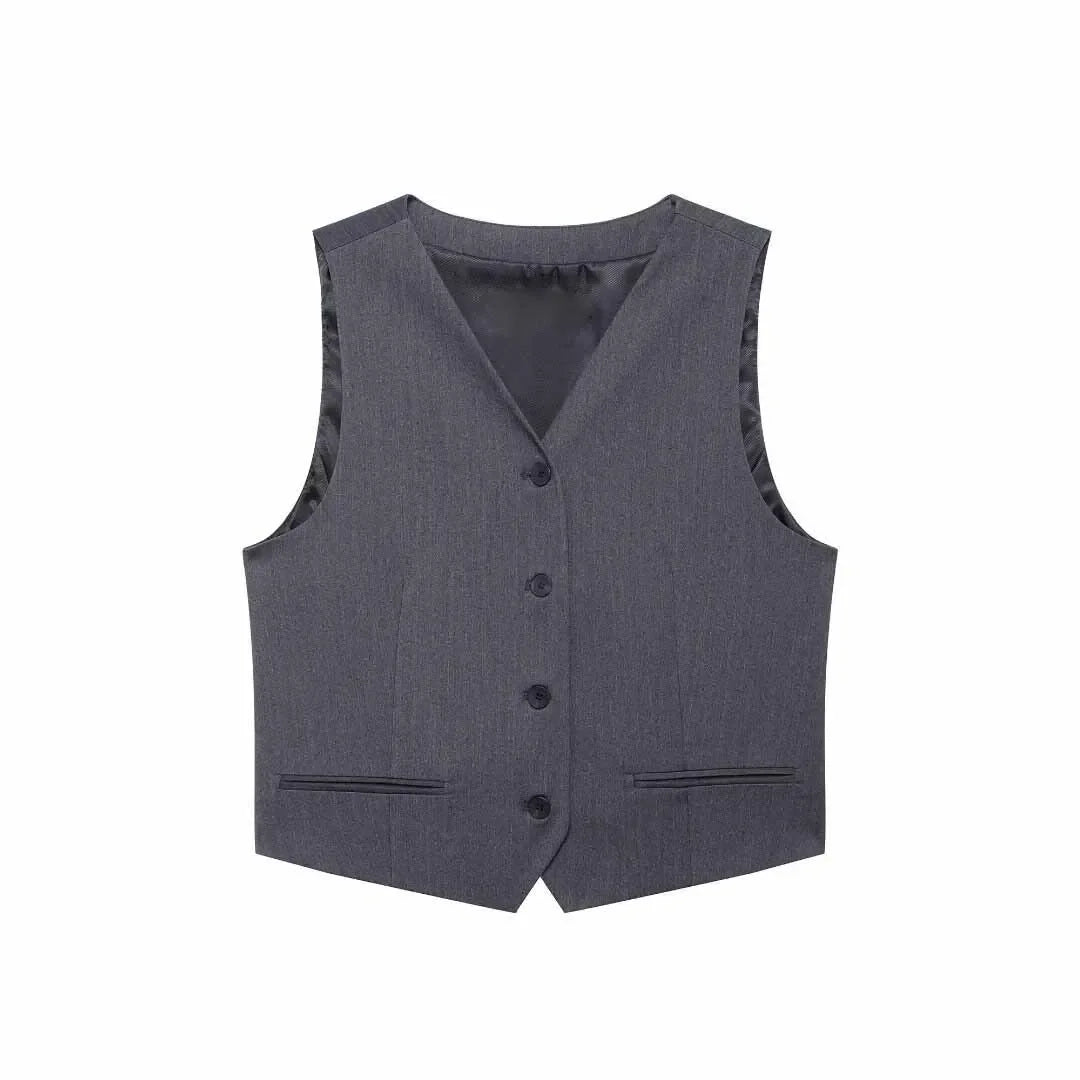 Women's new fashion pocket decoration casual slim short V Neck vest retro sleeveless Button-up women's vest chic top 